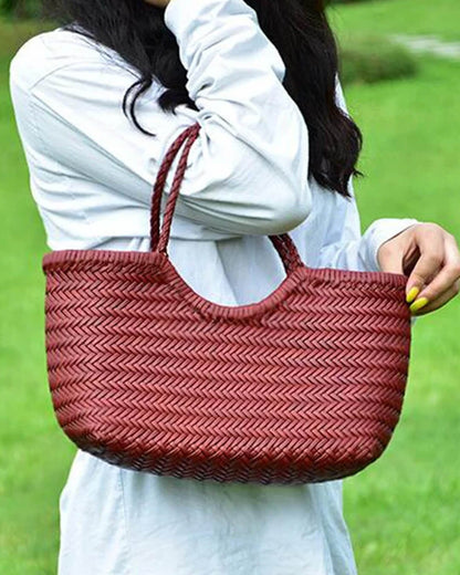 OLANE Spacious Woven Leather Tote Bag BurgundySWomen's Bags