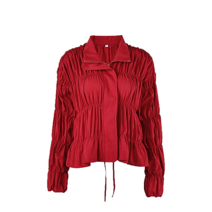 OLANE Stand Collar Ruched Zip-Up Jacket RedSWomen's Coats & Jackets