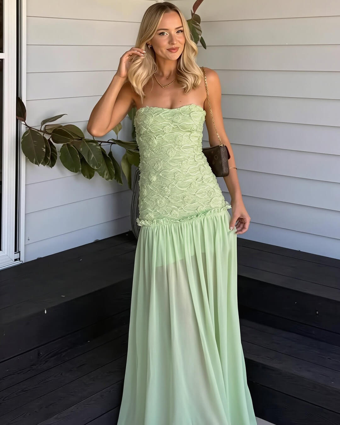 OLANE Strapless Floral Lace Maxi Dress Light GreenMWomen's Dresses