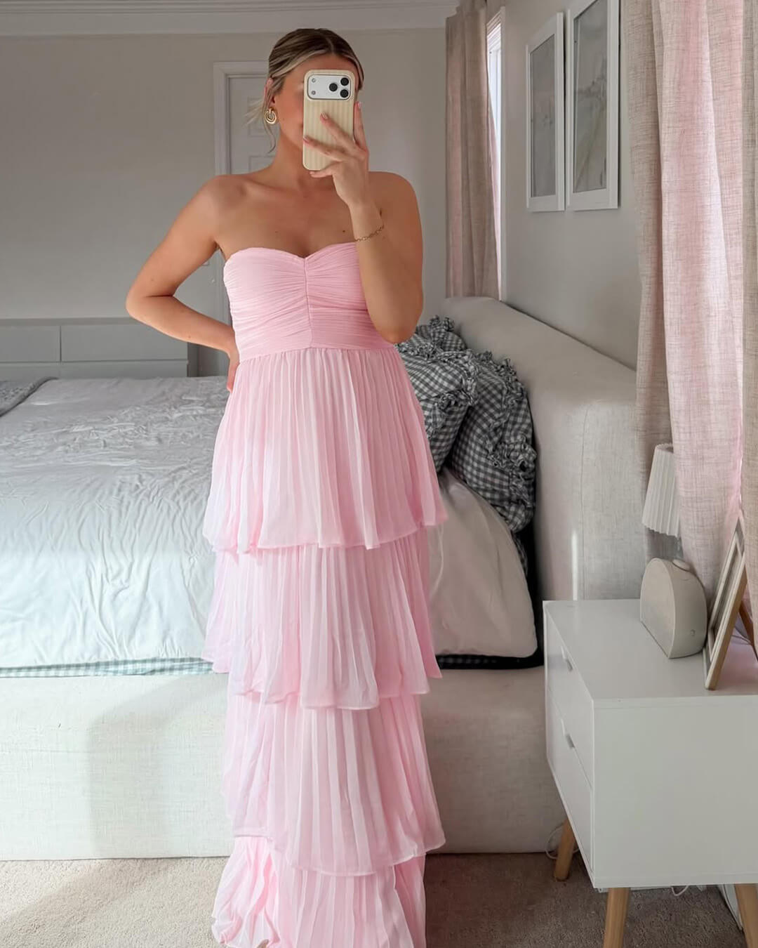 OLANE Strapless Pleated Tiered Maxi Dress MWomen's Dresses