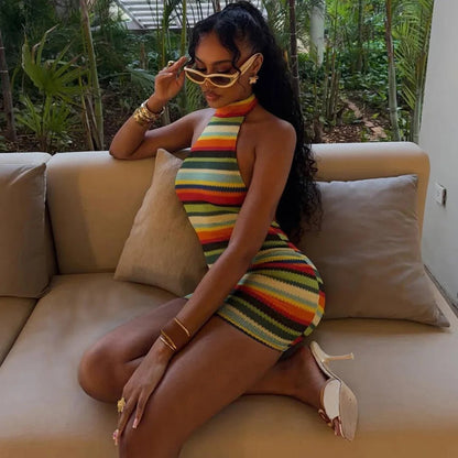 OLANE Striped Halter Bodycon Dress BrownSWomen’s Dresses