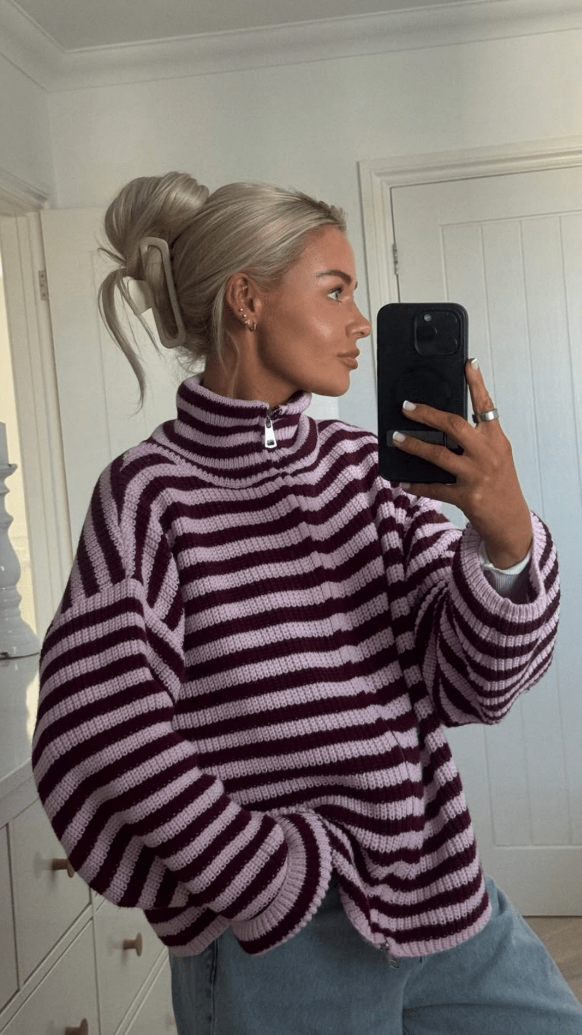 OLANE Striped High-Neck Knit Sweater PinkSWomen's Sweaters & Cardigans