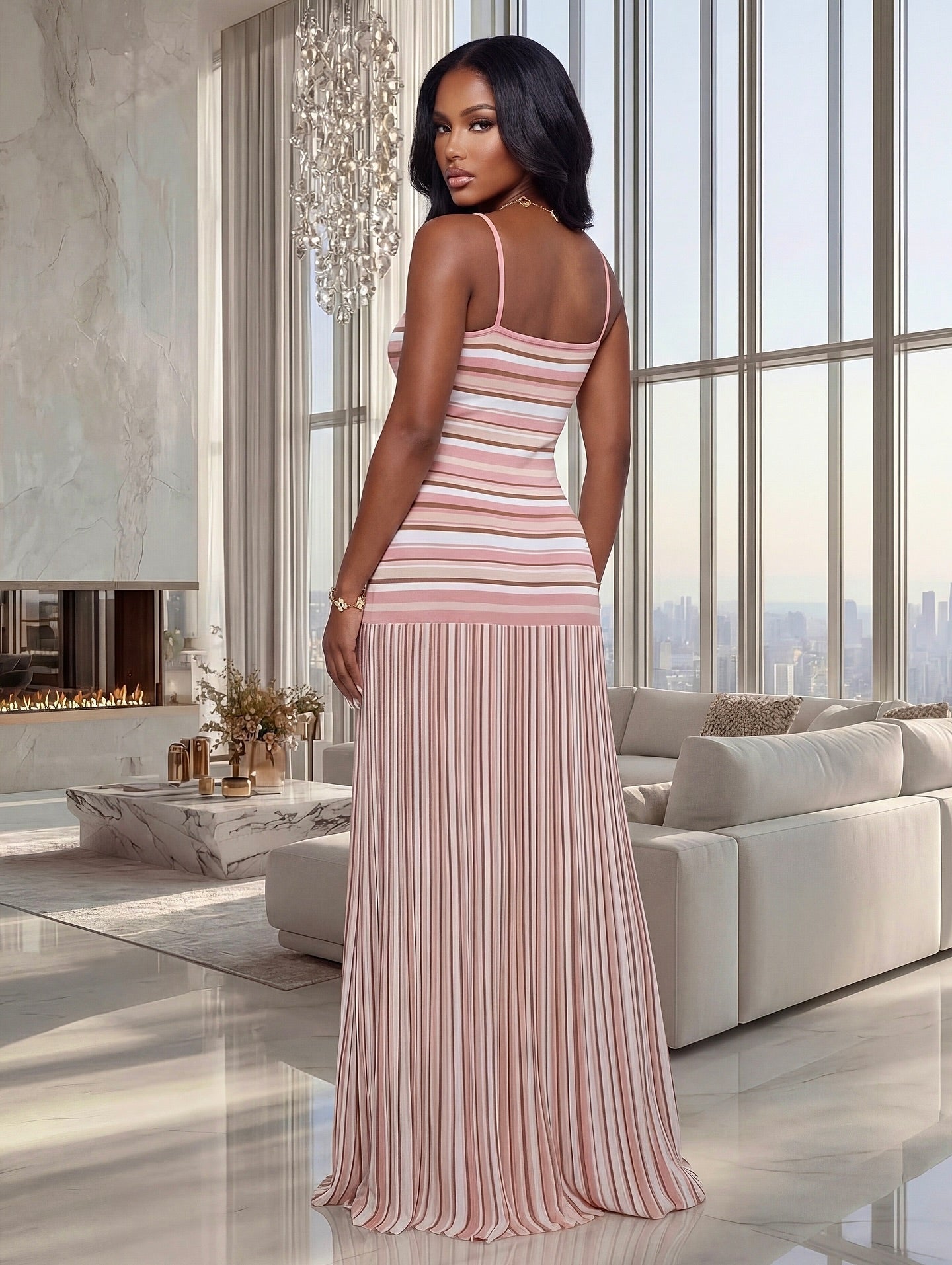 OLANE Striped Knitted Cami Maxi Dress SWomen’s Dresses
