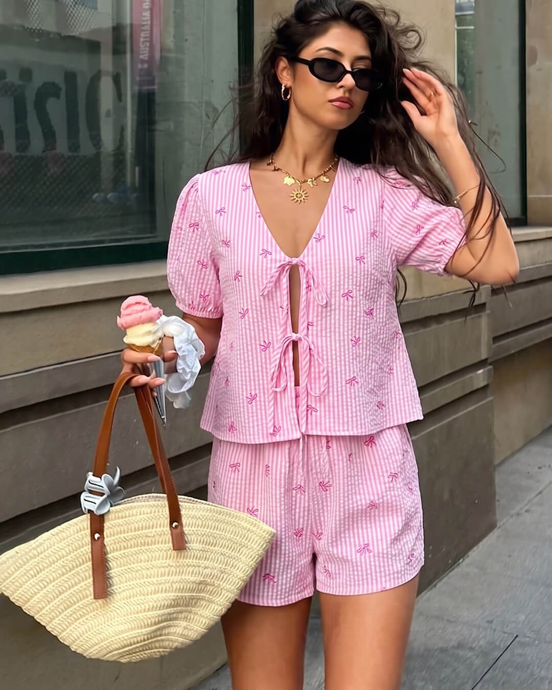 OLANE Striped Puff Sleeve Tie-Front Shorts Set Pink SetSWomen's Sets