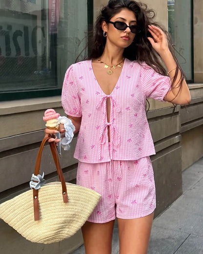 OLANE Striped Puff Sleeve Tie-Front Shorts Set Pink SetSWomen's Sets