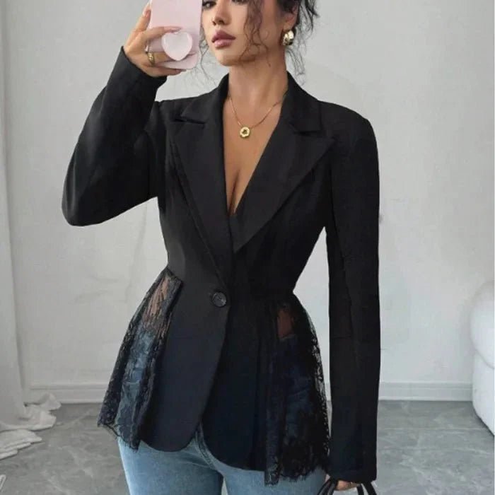 OLANE Structured Lace Panel Tailored Blazer BlackSWomen's Coats & Jackets