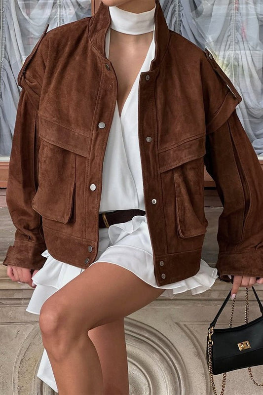 OLANE Structured Wide Shoulder Suede Jacket BrownMWomen's Coats & Jackets