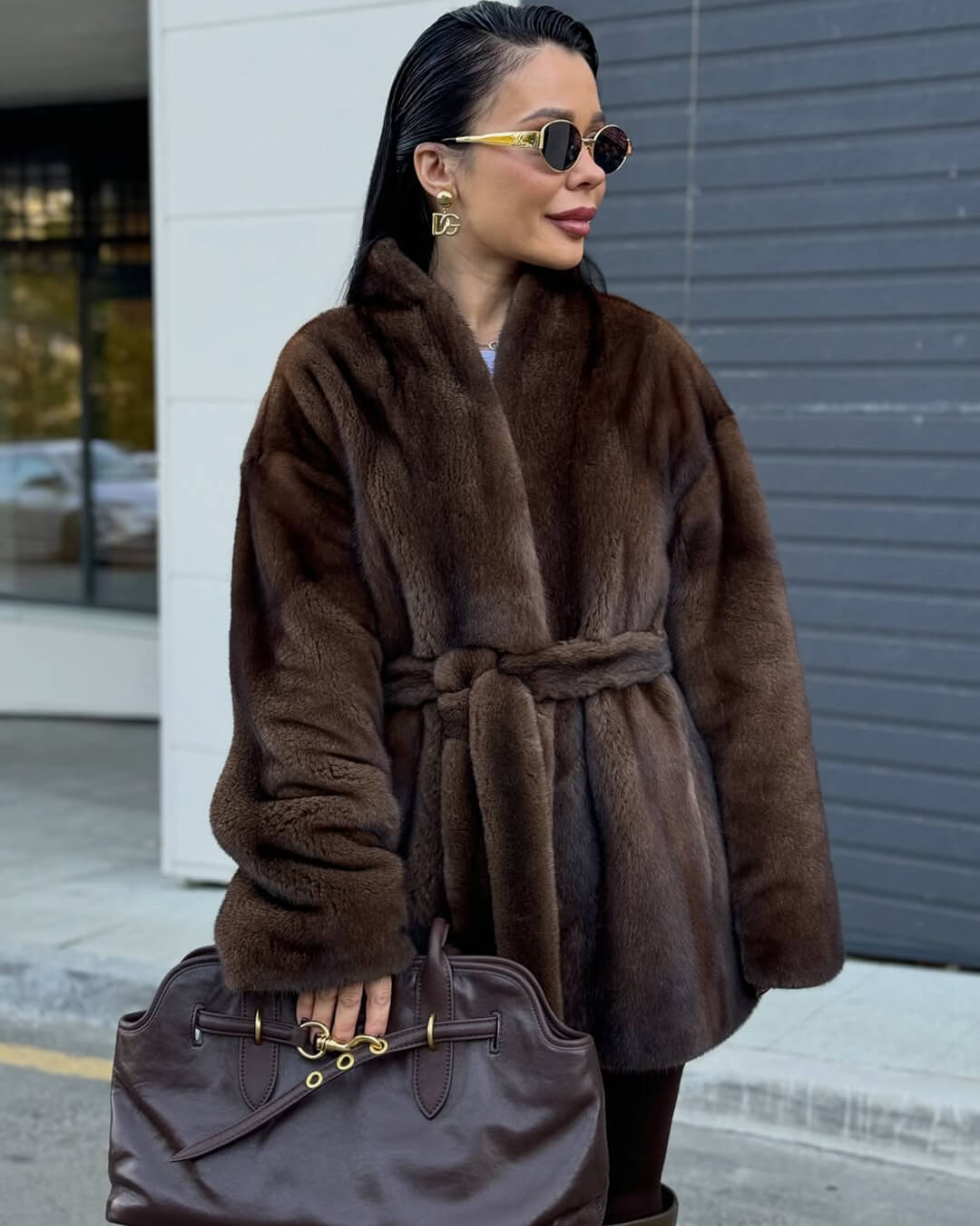 OLANE Stylish Belted Faux Fur Jacket MWomen's Coats & Jackets