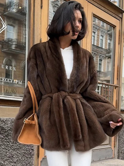 OLANE Stylish Belted Faux Fur Jacket SWomen's Coats & Jackets