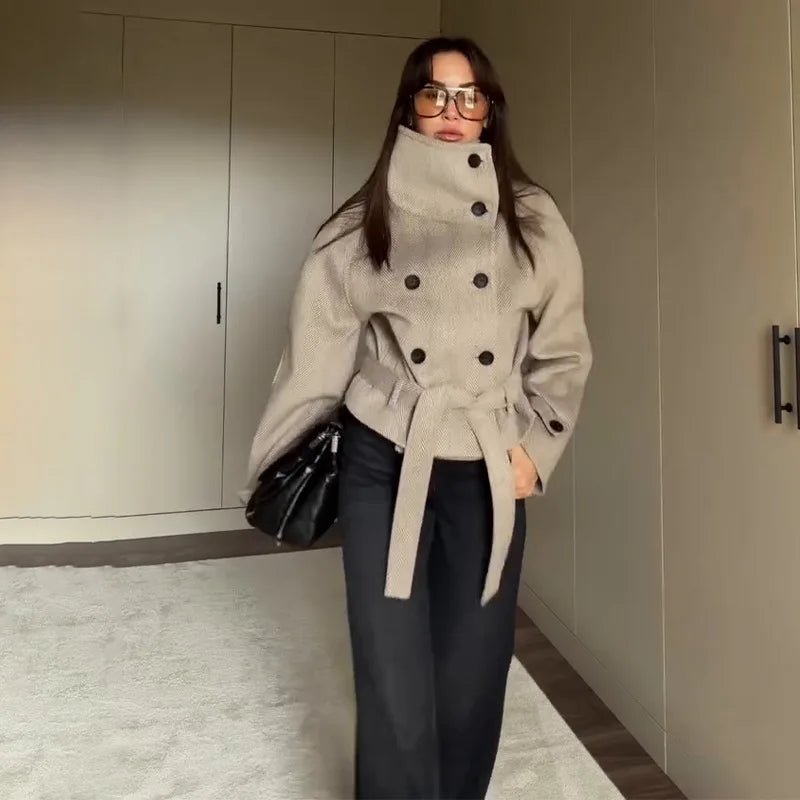 OLANE Stylish Belted Funnel Neck Coat BeigeSWomen's Coats & Jackets