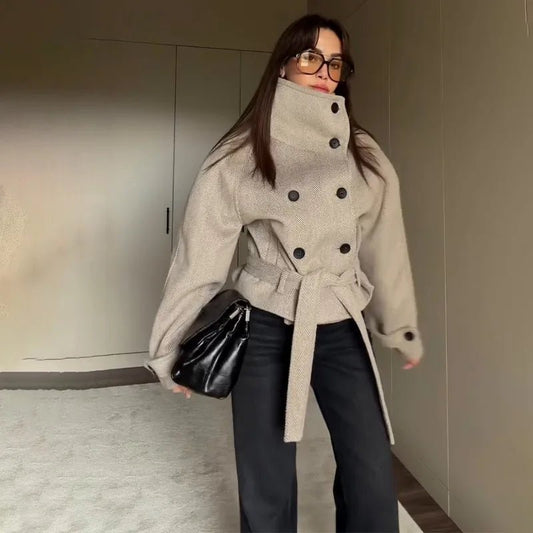 OLANE Stylish Belted Funnel Neck Coat BeigeXSWomen's Coats & Jackets