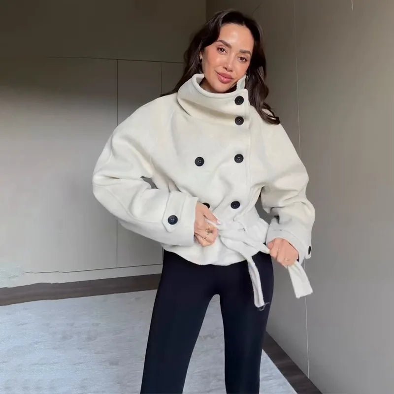 OLANE Stylish Belted Funnel Neck Coat WhiteSWomen's Coats & Jackets