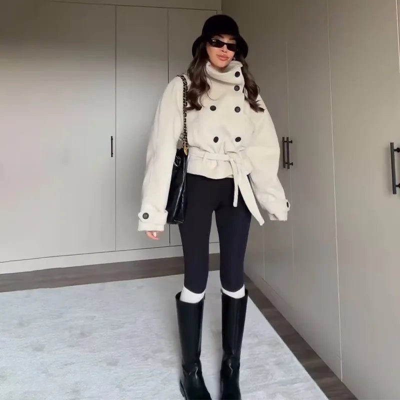 OLANE Stylish Belted Funnel Neck Coat WhiteXSWomen's Coats & Jackets