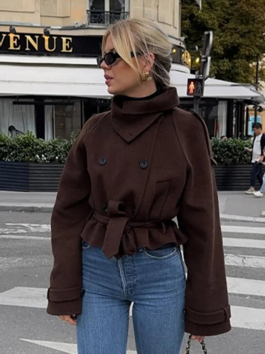 OLANE Stylish Belted High Collared Coat BrownSWomen's Coats & Jackets