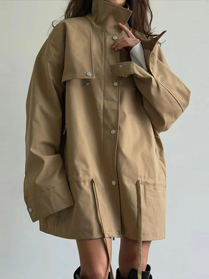 OLANE Stylish Contrast Collar Windbreaker Jacket BeigeLWomen's Coats & Jackets