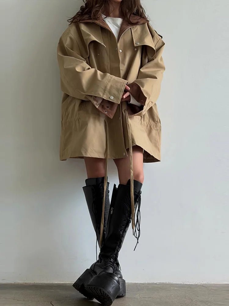 OLANE Stylish Contrast Collar Windbreaker Jacket BeigeLWomen's Coats & Jackets