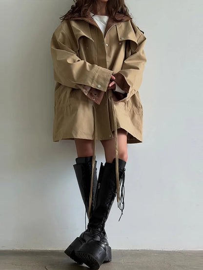 OLANE Stylish Contrast Collar Windbreaker Jacket BeigeLWomen's Coats & Jackets