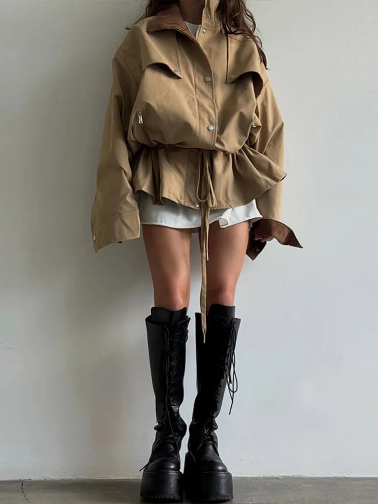 OLANE Stylish Contrast Collar Windbreaker Jacket BeigeMWomen's Coats & Jackets