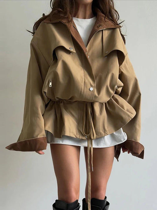 OLANE Stylish Contrast Collar Windbreaker Jacket BeigeSWomen's Coats & Jackets