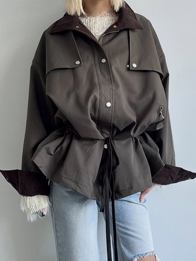 OLANE Stylish Contrast Collar Windbreaker Jacket BrownSWomen's Coats & Jackets