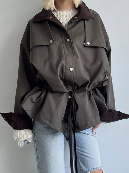 OLANE Stylish Contrast Collar Windbreaker Jacket BrownSWomen's Coats & Jackets