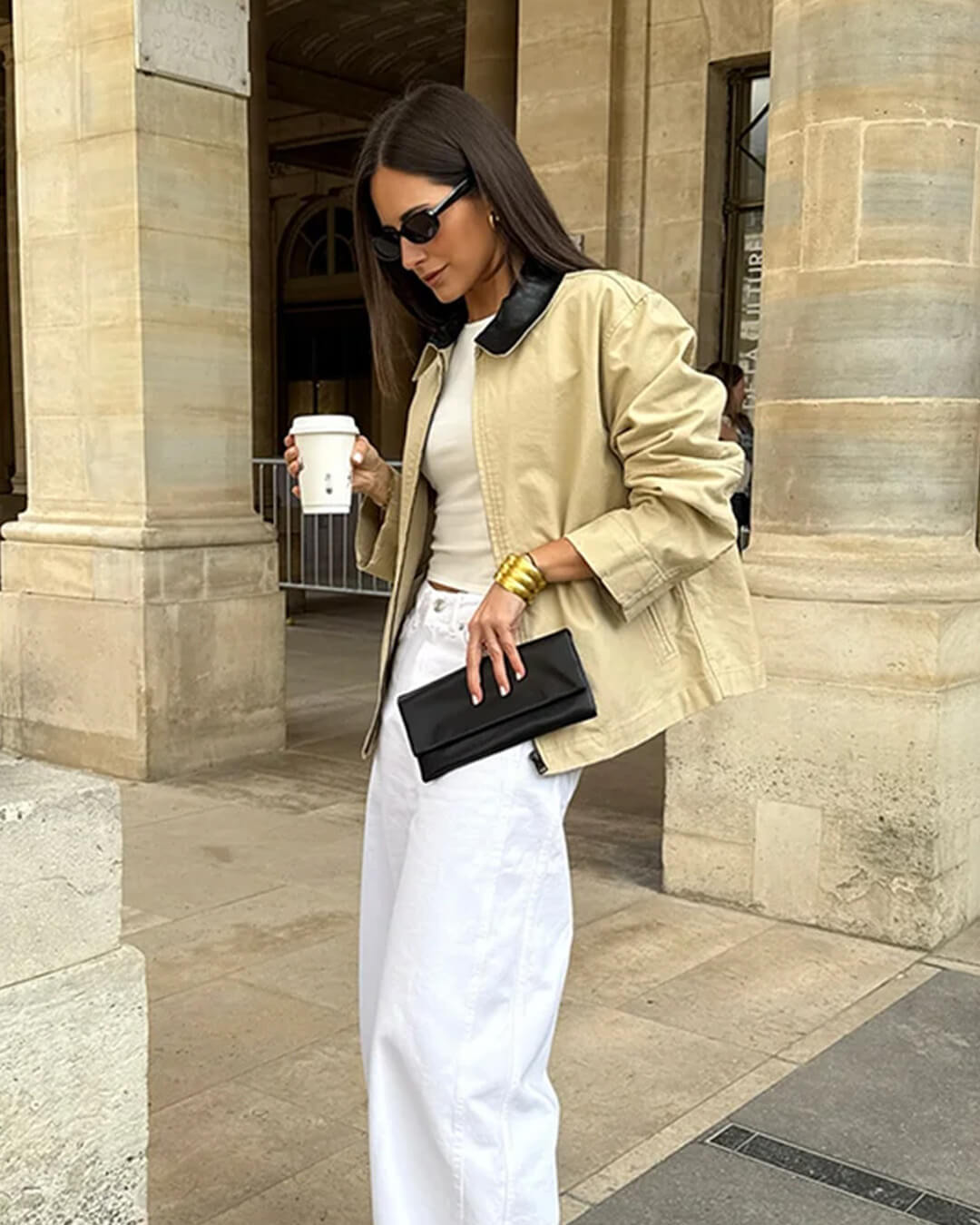 OLANE Stylish Contrast Collar Zip-Up Jacket BeigeSJacket