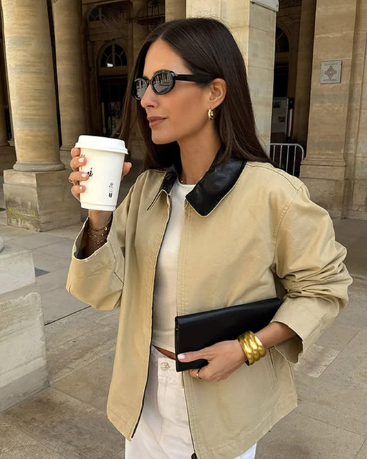 OLANE Stylish Contrast Collar Zip-Up Jacket BeigeSJacket