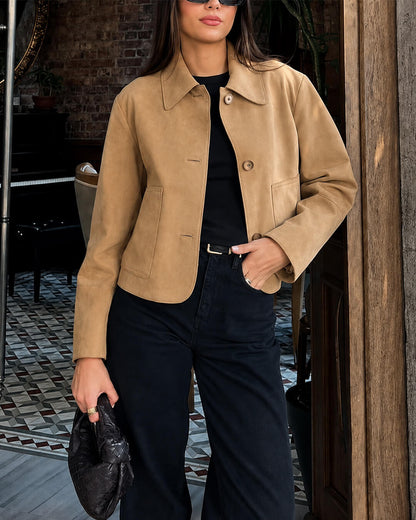 OLANE Stylish Cropped Faux Suede Jacket SWomen's Coats & Jackets