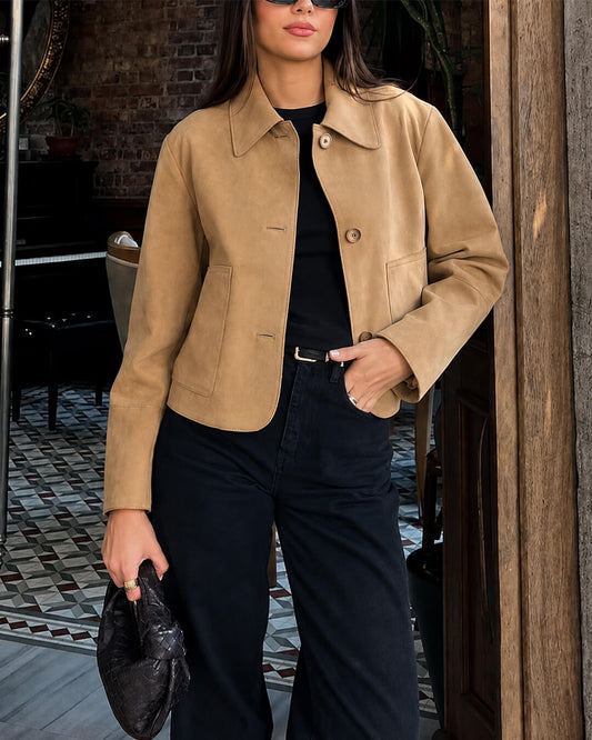 OLANE Stylish Cropped Faux Suede Jacket SWomen's Coats & Jackets