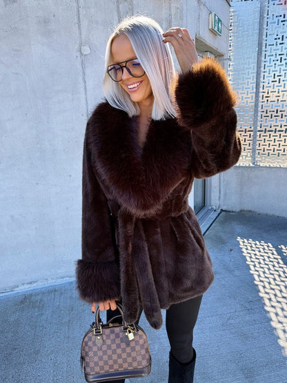 OLANE Stylish Oversized Belted Faux Fur Coat Dark BrownLWomen's Coats & Jackets