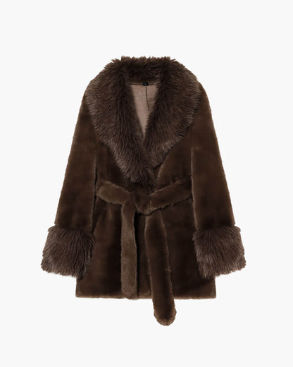 OLANE Stylish Oversized Belted Faux Fur Coat Dark BrownSWomen's Coats & Jackets