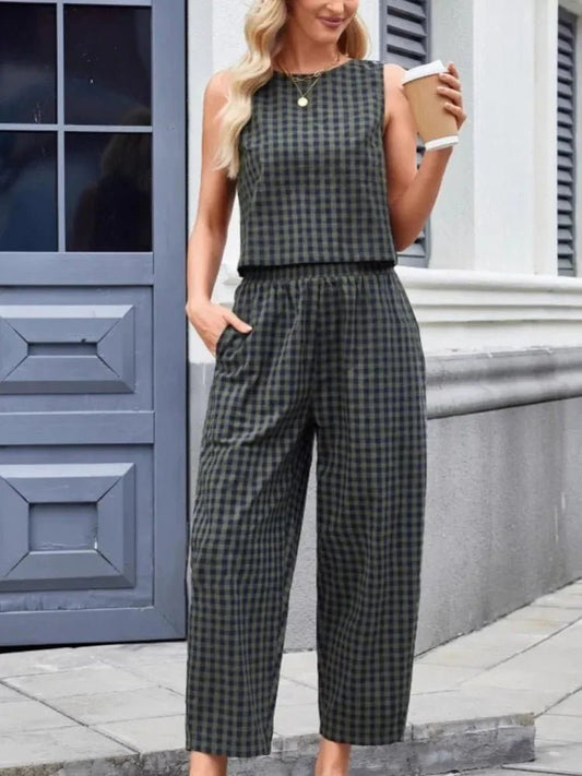 OLANE Stylish Plaid Sleeveless Vest Pant Set BlueSWomen's Sets