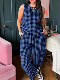 Amelia Ensemble Veste sans Manches à Carreaux et Pantalon