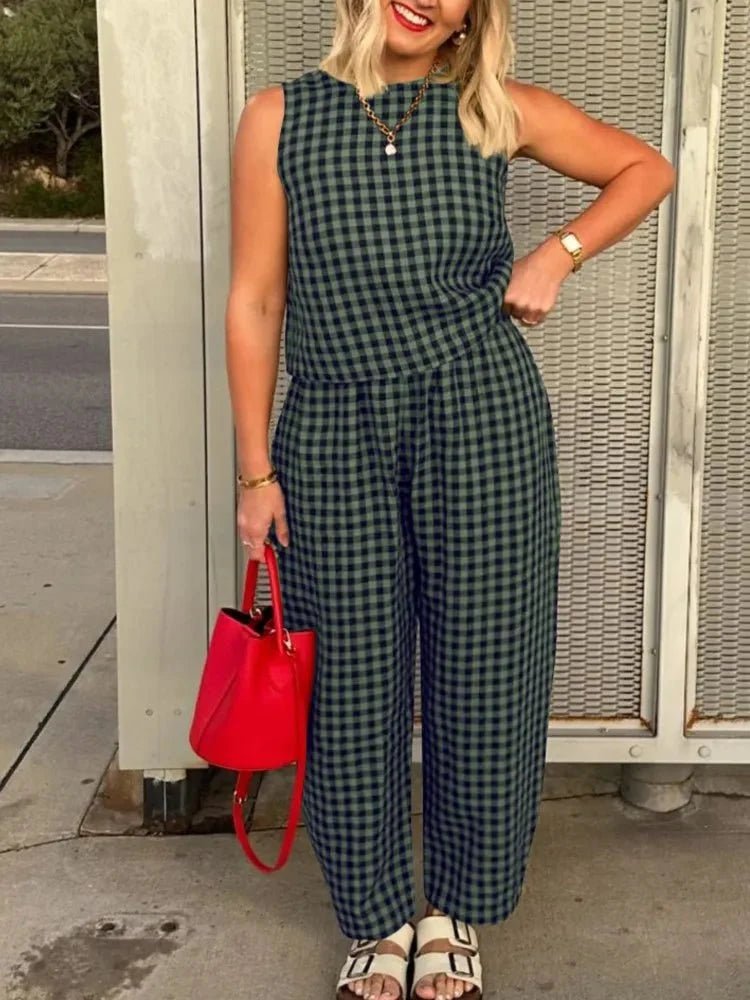 OLANE Stylish Plaid Sleeveless Vest Pant Set BlueSWomen's Sets