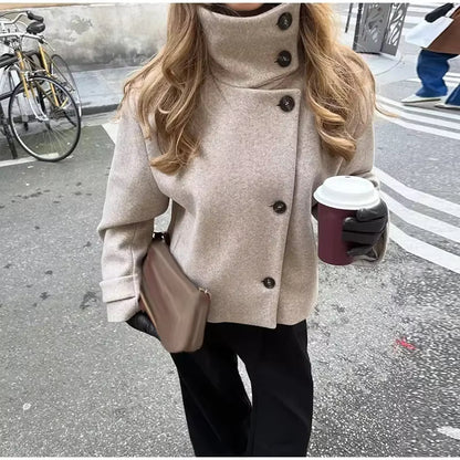 OLANE Stylish Stand Collar Jacket with Pockets BeigeMWomen's Coats & Jackets
