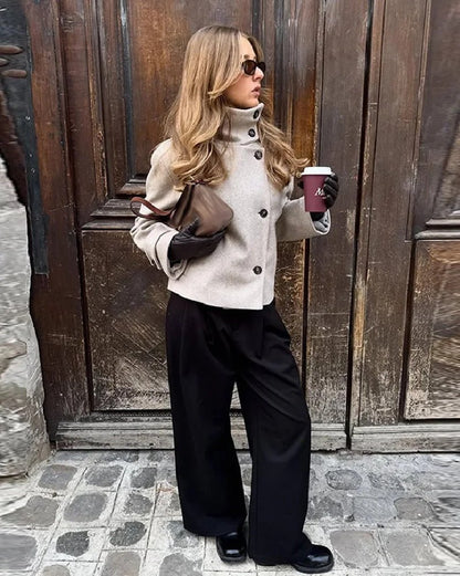 OLANE Stylish Stand Collar Jacket with Pockets BeigeSWomen's Coats & Jackets