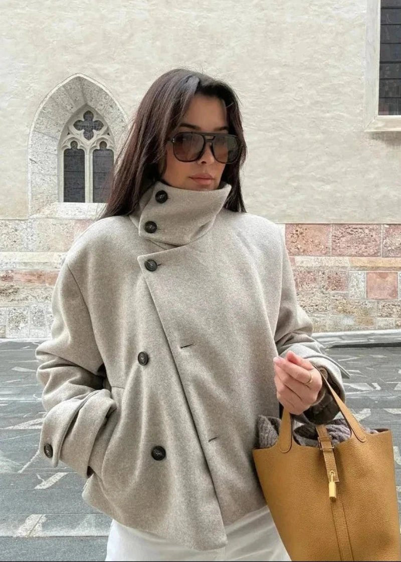 OLANE Stylish Stand Collar Jacket with Pockets BeigeXLWomen's Coats & Jackets