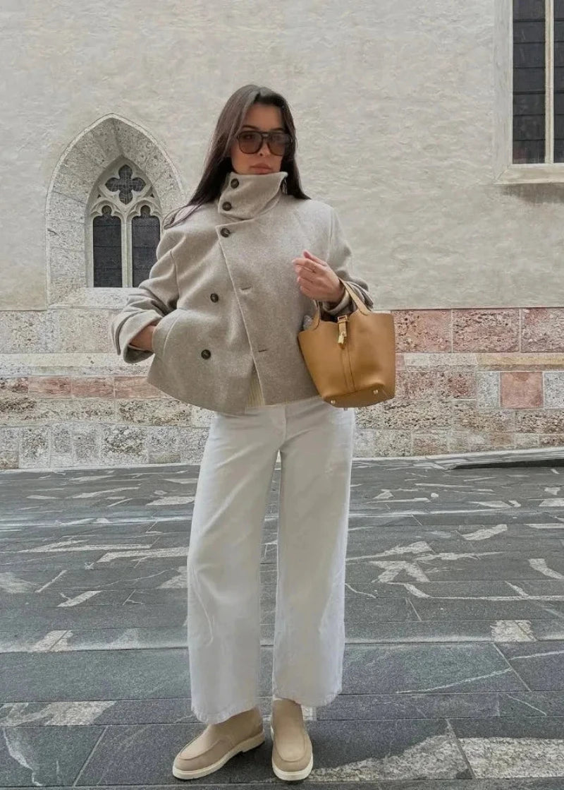 OLANE Stylish Stand Collar Jacket with Pockets BeigeXLWomen's Coats & Jackets
