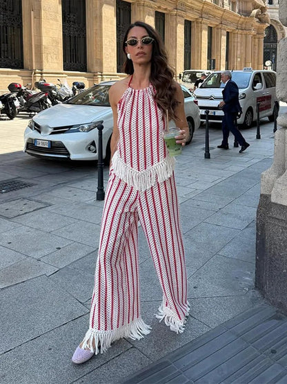 OLANE Stylish Striped Fringe Two-Piece Set LWomen's Sets