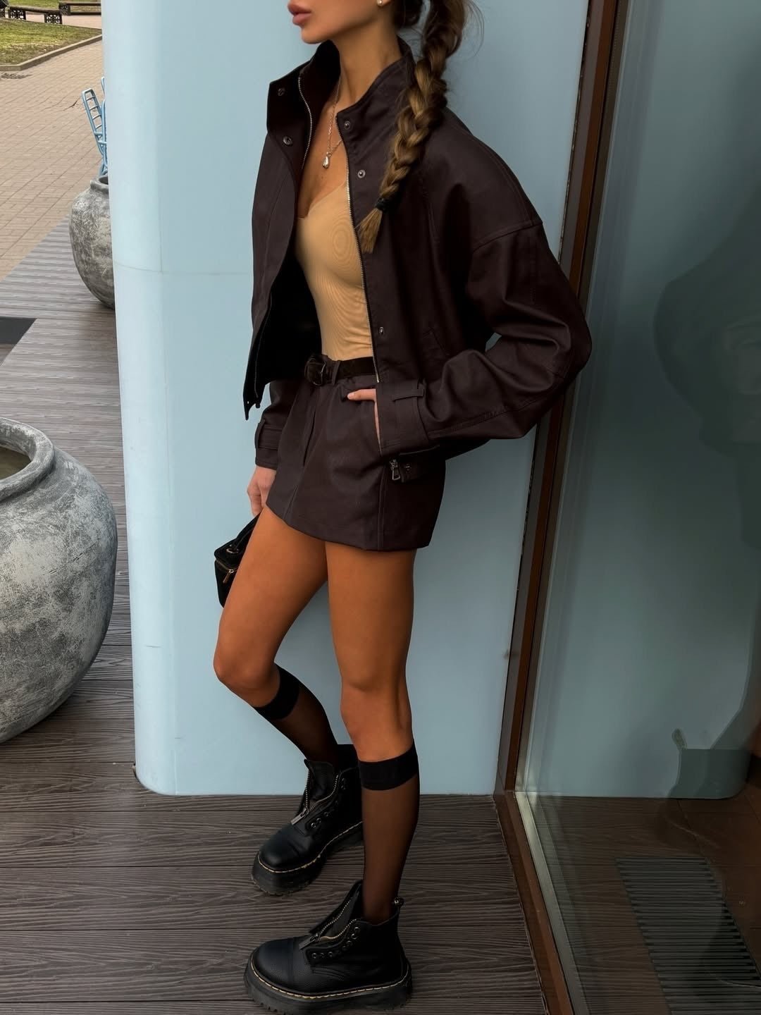 OLANE Suede Cropped Coat Mini Skirt Set Cropped Coat & Mini Skirt SetBeigeSWomen's Sets