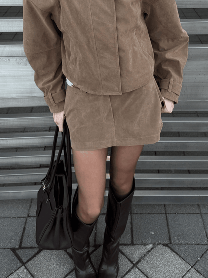 OLANE Suede Cropped Coat Mini Skirt Set Cropped Coat & Mini Skirt SetBeigeSWomen's Sets