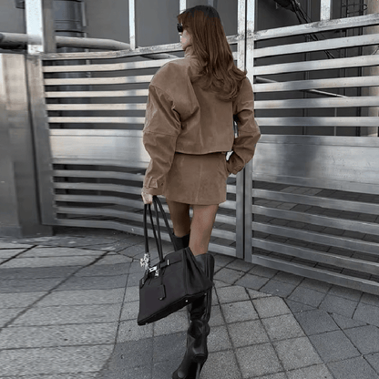 OLANE Suede Cropped Coat Mini Skirt Set Cropped Coat & Mini Skirt SetBeigeSWomen's Sets