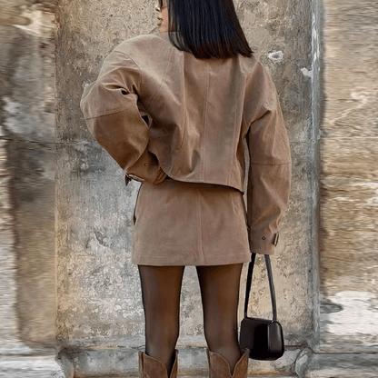 OLANE Suede Cropped Coat Mini Skirt Set Cropped Coat & Mini Skirt SetBeigeSWomen's Sets