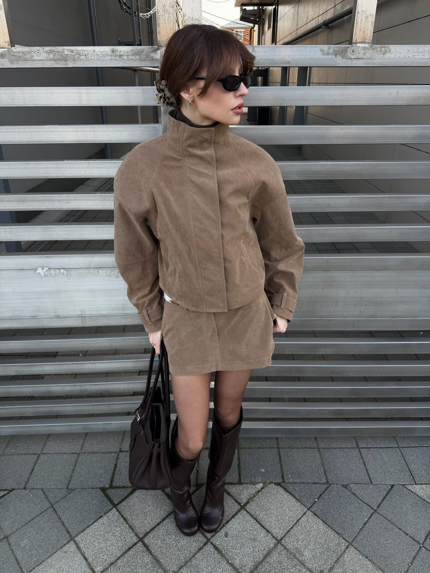 OLANE Suede Cropped Coat Mini Skirt Set Cropped Coat & Mini Skirt SetBeigeSWomen's Sets