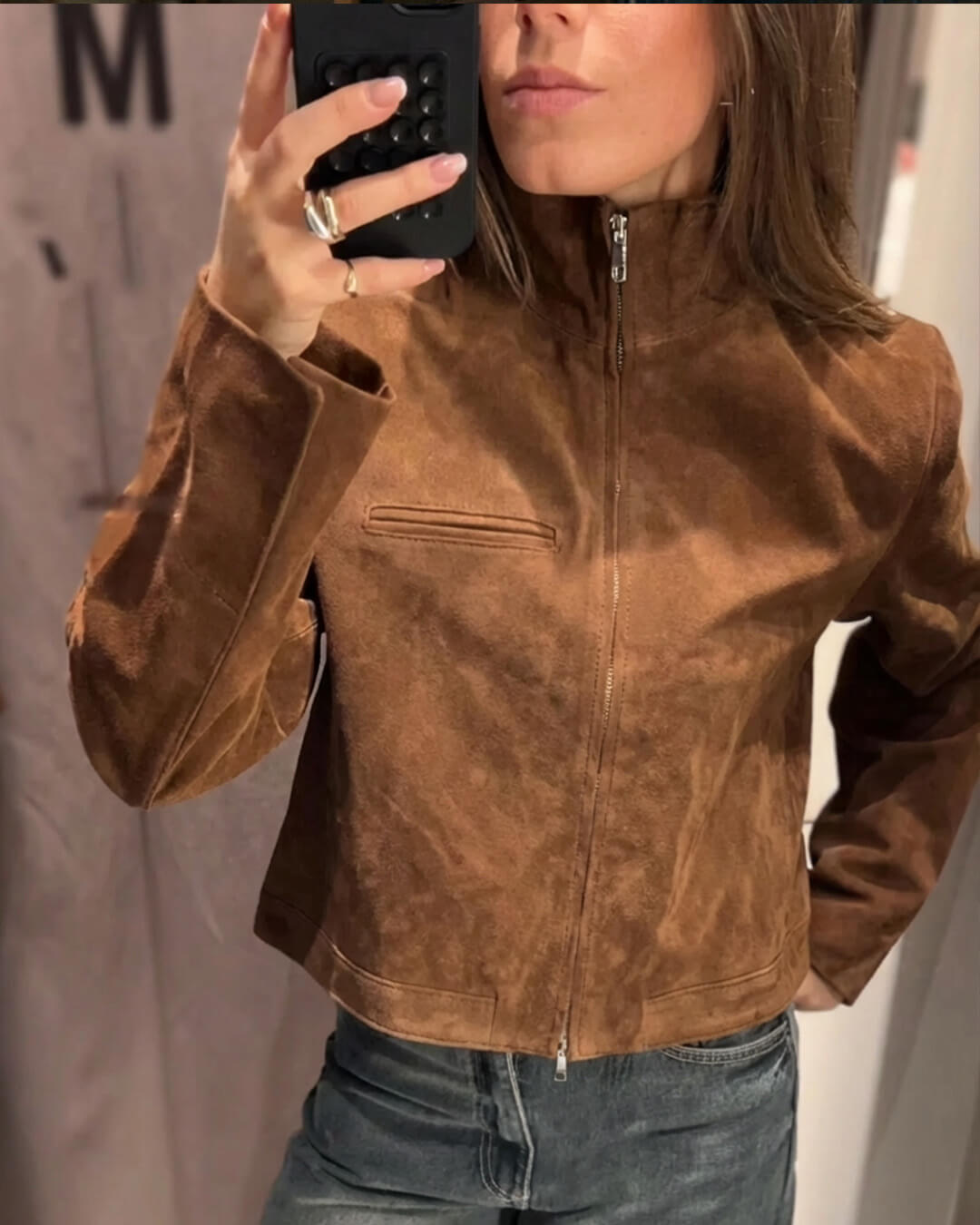 OLANE Suede Stand Collar Zipper Jacket BrownSWomen's Coats & Jackets
