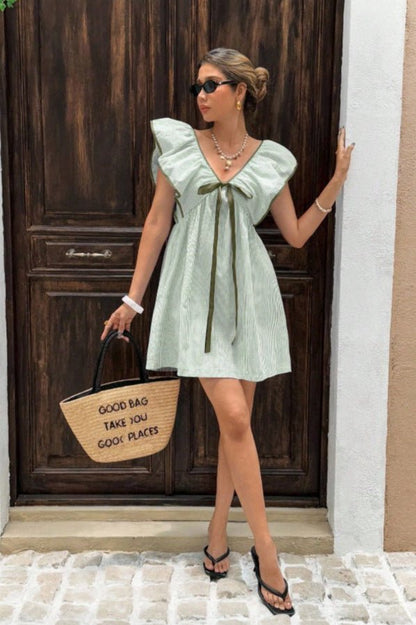 OLANE Tahlia Striped V - Neck Ruffle Mini Dress GreenSDress