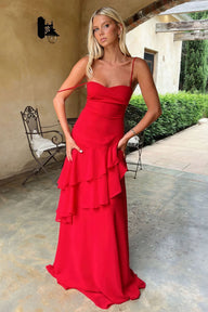 Robe longue Zoe à volants, dos nu et bretelles spaghetti