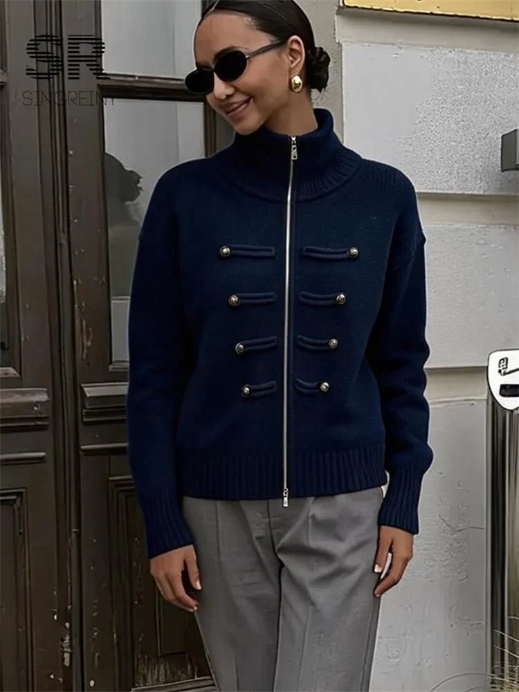 OLANE Turtleneck Zip Knit Cardigan Dark BlueOne sizeWomen's Sweaters & Cardigans