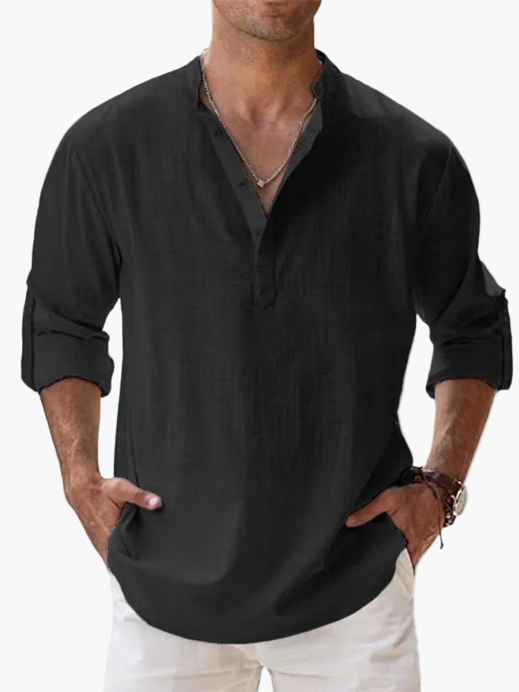 OLANE Vegan Linen Long Sleeve Half Placket Shirt BlackSMen's Tops