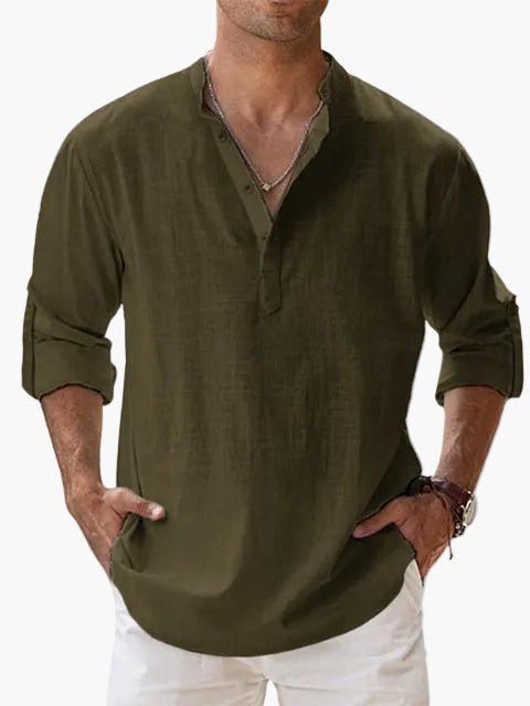 OLANE Vegan Linen Long Sleeve Half Placket Shirt Dark GreenSMen's Tops